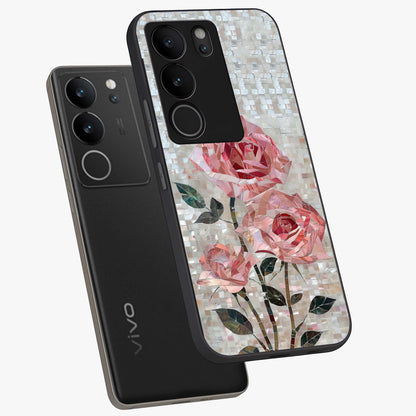 Blush Mosaic Bloom Glass Case displayed in angled mockup highlighting artistic mosaic flower pattern with aesthetic design.