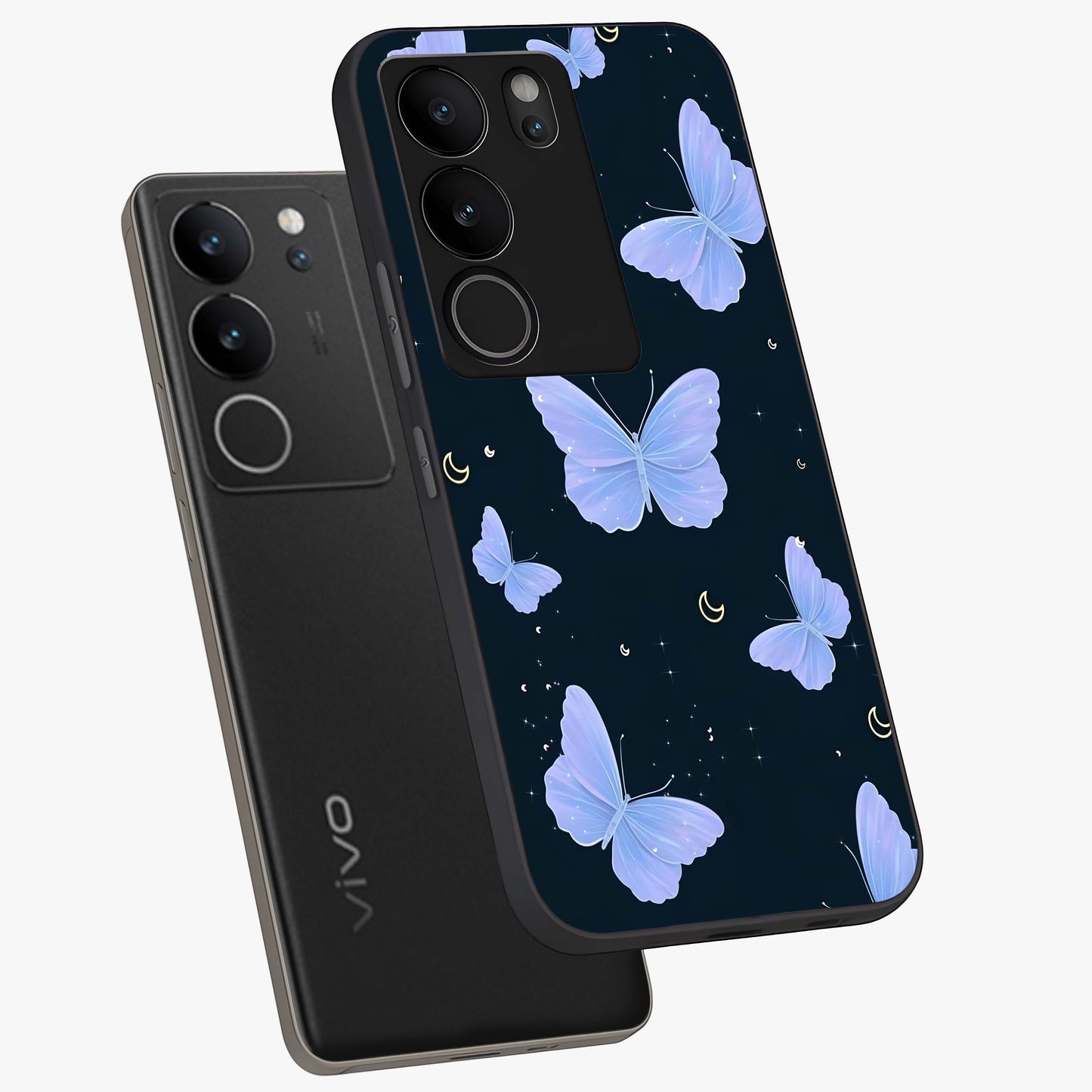 Butterfly With Stars Pattern Glass Case displayed in angled mockup highlighting dreamy butterfly and star design with aesthetic theme.