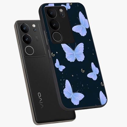 Butterfly With Stars Pattern Glass Case displayed in angled mockup highlighting dreamy butterfly and star design with aesthetic theme.
