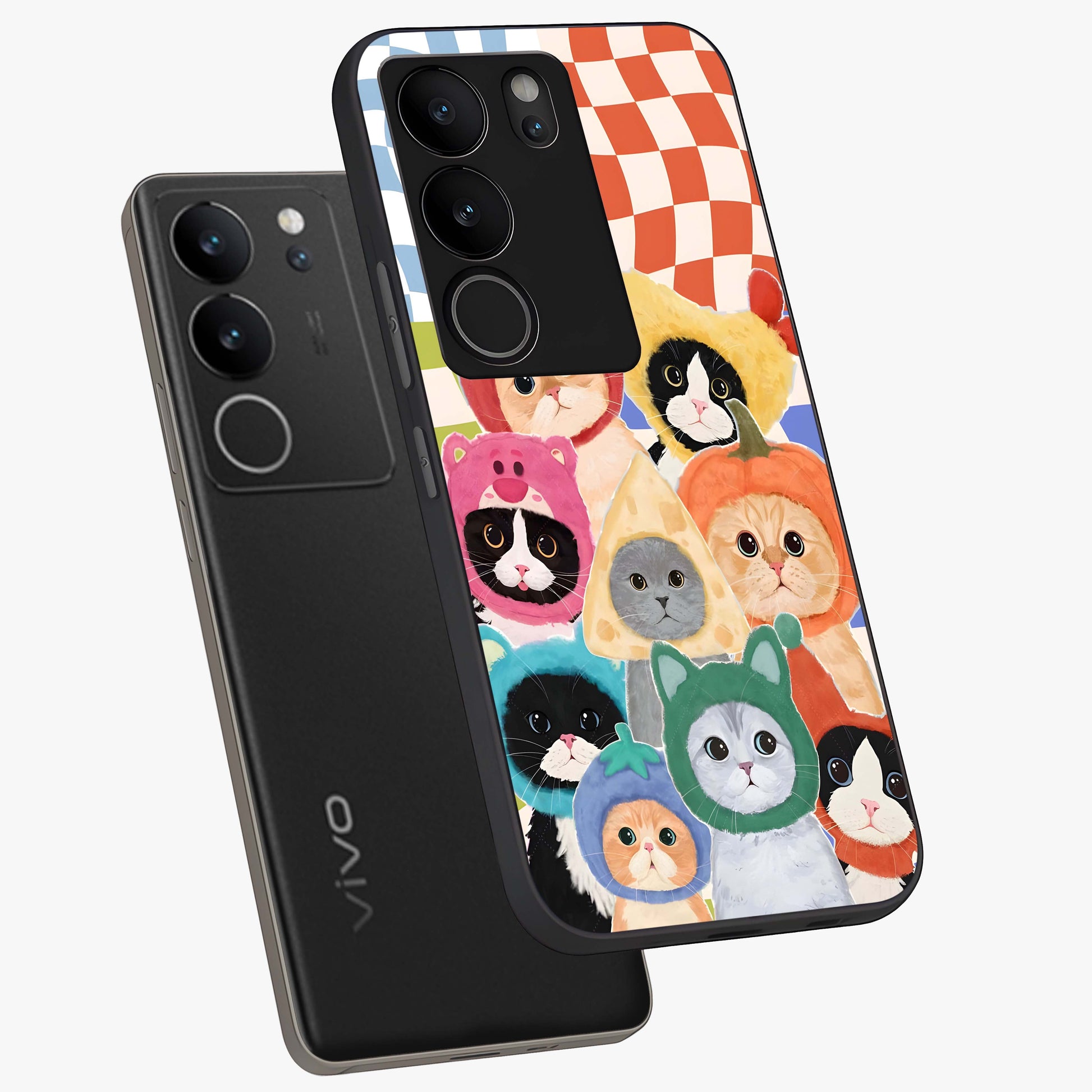 Cats in Fruits Glass Case displayed in angled mockup highlighting cute feline fruit design with colorful aesthetic style.