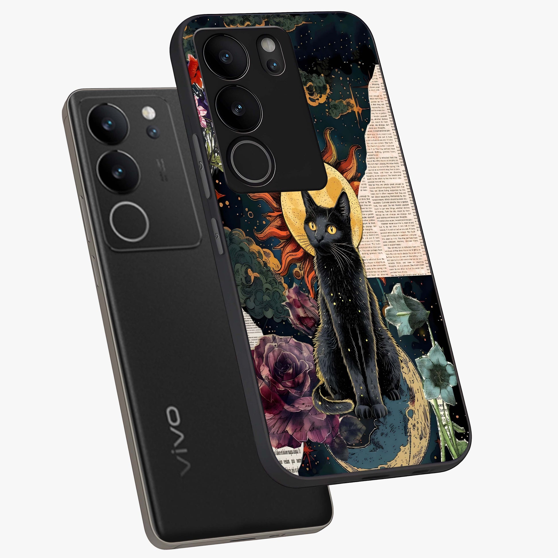 Celestial Black Cat Glass Case displayed in angled mockup highlighting cosmic black cat design with celestial aesthetic.