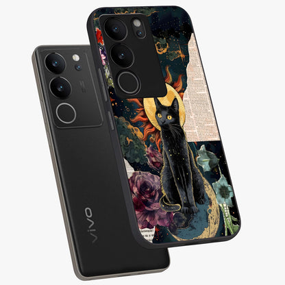 Celestial Black Cat Glass Case displayed in angled mockup highlighting cosmic black cat design with celestial aesthetic.