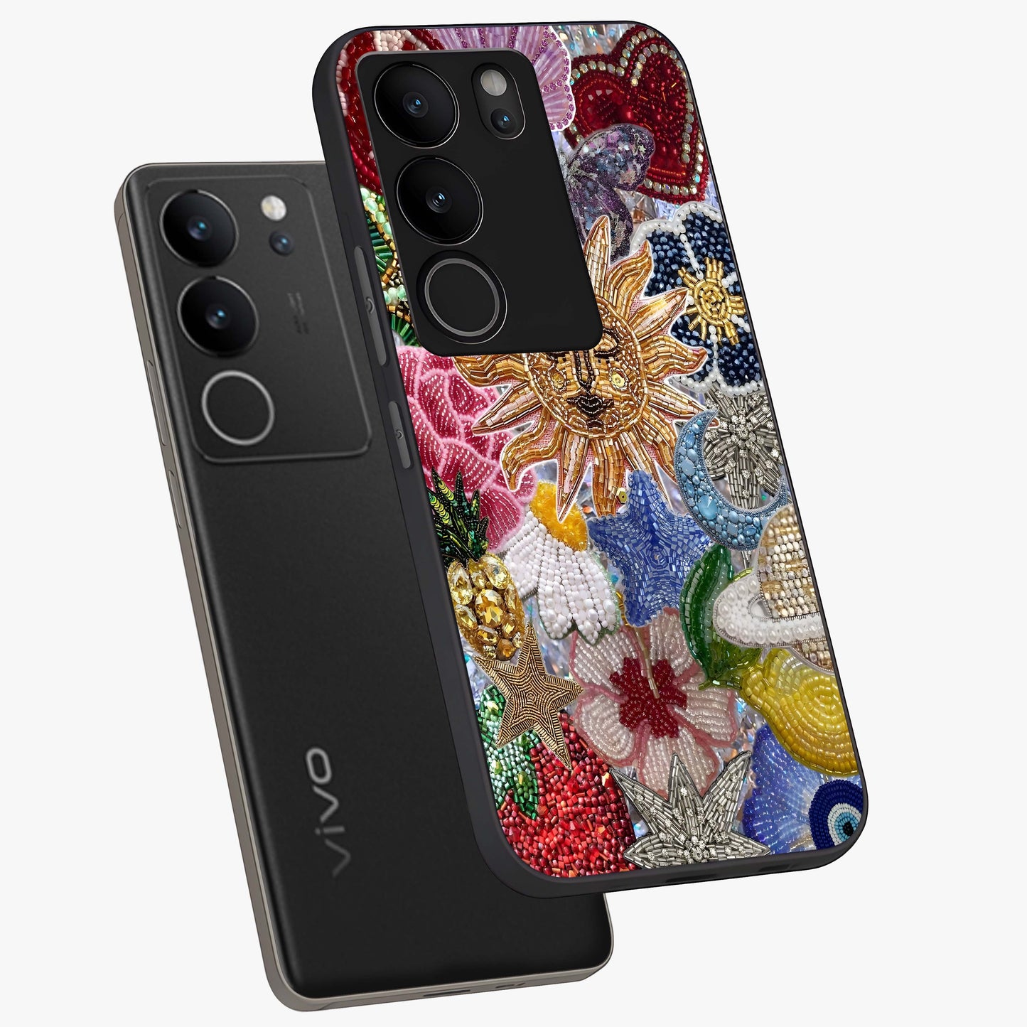 Celestial Floral and Playful Glass Case displayed in angled mockup highlighting playful floral design with dreamy celestial elements.