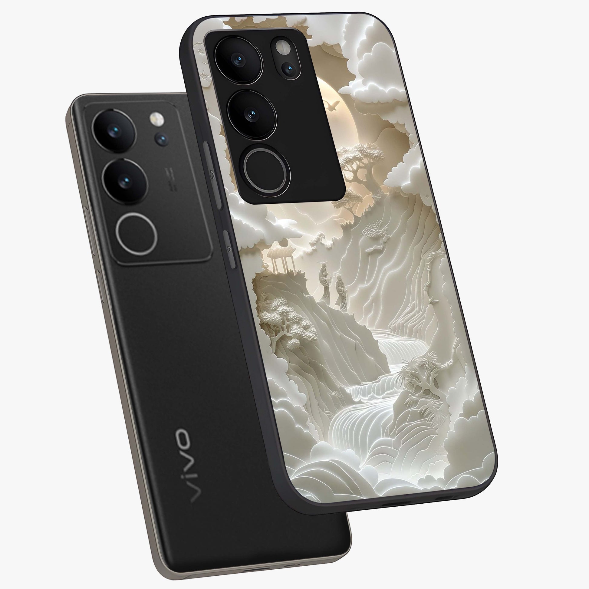 Celestial Origami Glass Case displayed in angled mockup highlighting geometric origami design with cosmic aesthetic theme.