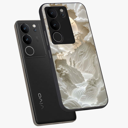 Celestial Origami Glass Case displayed in angled mockup highlighting geometric origami design with cosmic aesthetic theme.