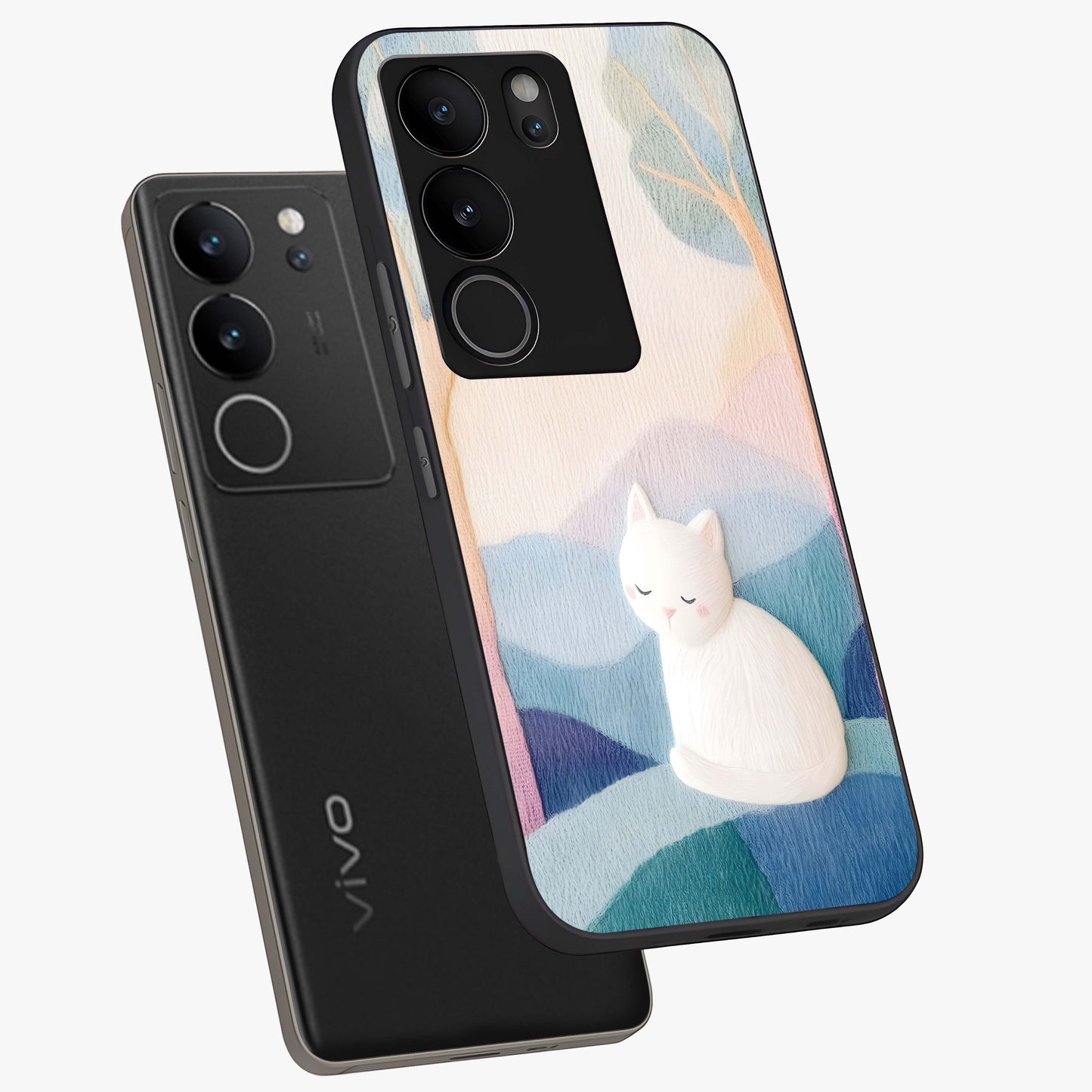 Cotton Dream Cat Glass Case displayed in angled mockup highlighting cute feline illustration with pastel aesthetic style.