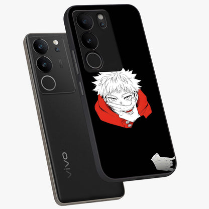 Crimson Chaos Smile Glass Case displayed in angled mockup highlighting edgy crimson smile design with graphic aesthetic.