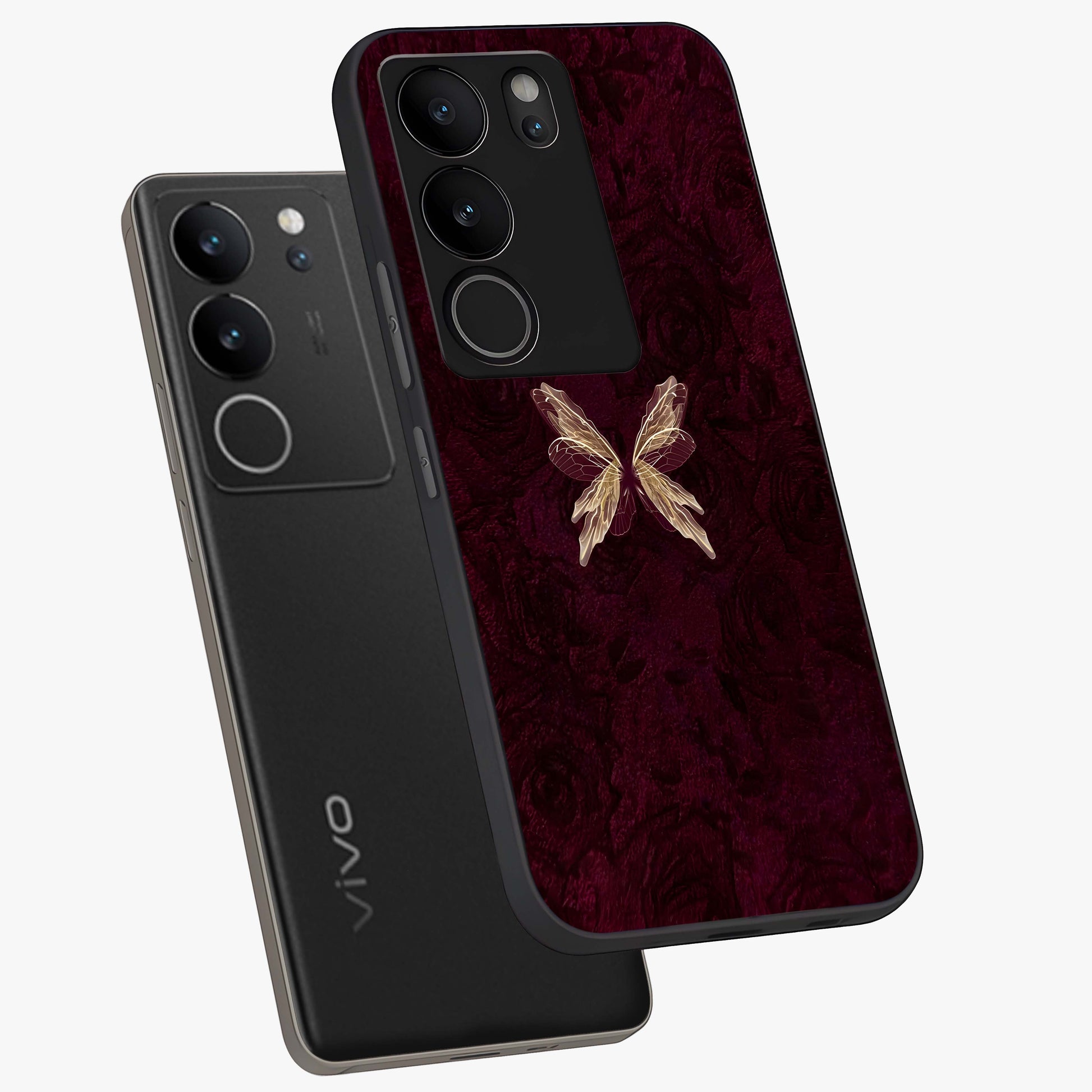 Crimson Fade Butterfly Glass Case displayed in angled mockup highlighting elegant butterfly design with crimson gradient aesthetic.