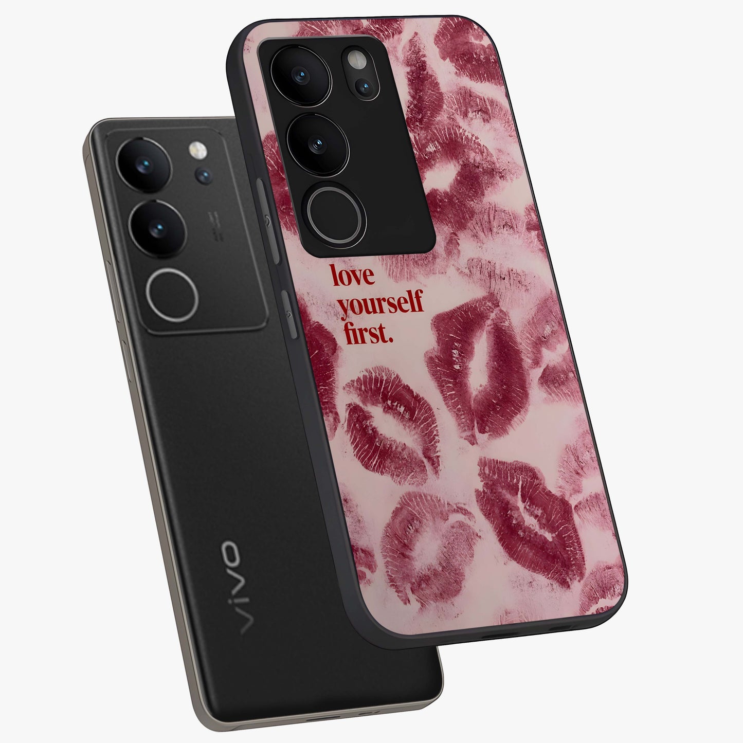 Crimson Kiss Love Glass Case displayed in angled mockup highlighting bold love inspired design with modern aesthetic style.