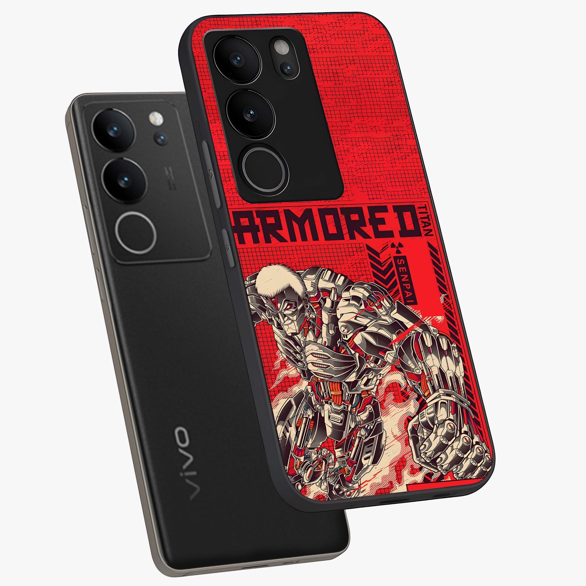Crimson Mecha Titan Glass Case displayed in angled mockup highlighting futuristic mech illustration with bold crimson aesthetic.