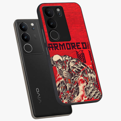 Crimson Mecha Titan Glass Case displayed in angled mockup highlighting futuristic mech illustration with bold crimson aesthetic.