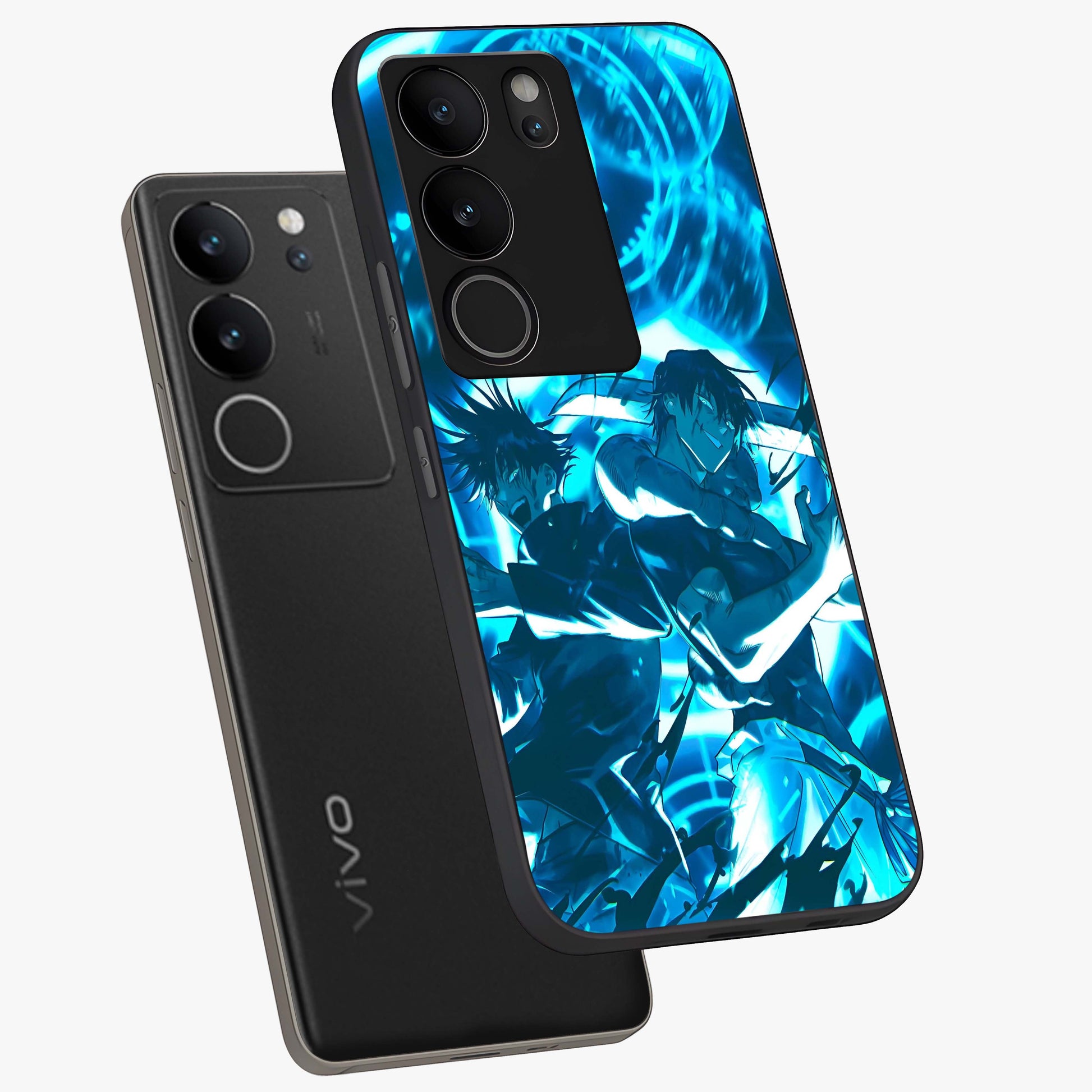 Cursed Energy Clash Glass Case displayed in angled mockup highlighting powerful battle inspired graphic with anime style aesthetic.
