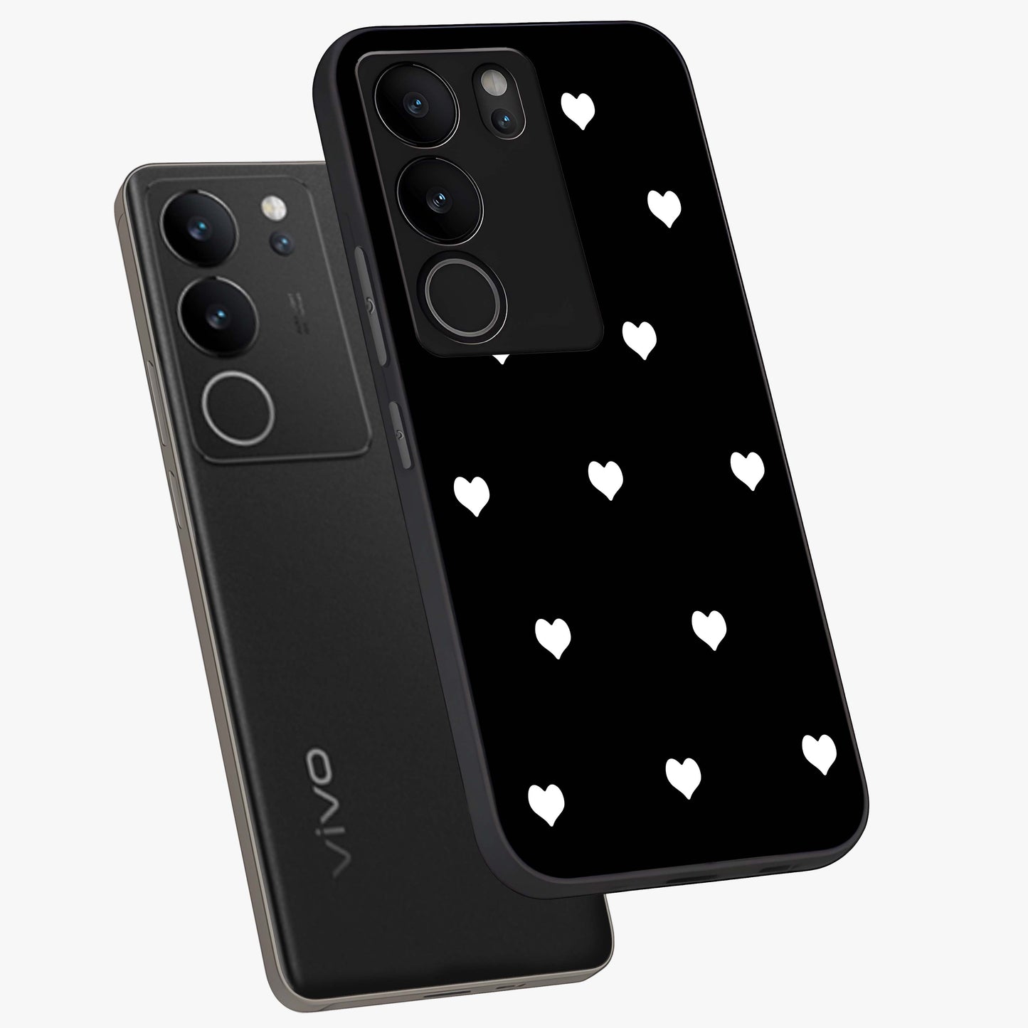 Cute And Simple White Hearts Glass Case displayed in angled mockup highlighting cute heart design with clean aesthetic style.