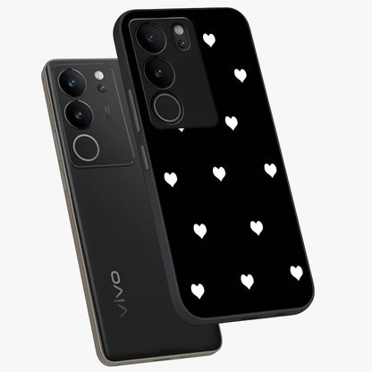 Cute And Simple White Hearts Glass Case displayed in angled mockup highlighting cute heart design with clean aesthetic style.