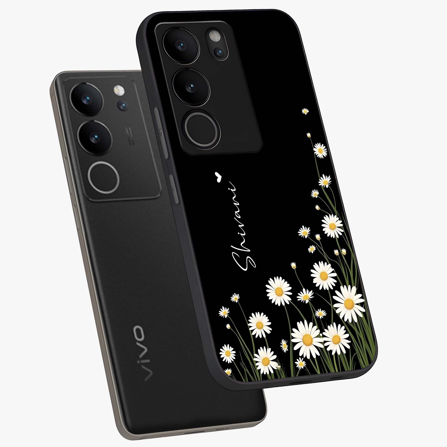 Daisy Cascade Custom Name Glass Case displayed in angled mockup highlighting delicate daisy artwork with custom name feature.