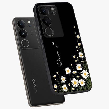 Daisy Cascade Custom Name Glass Case displayed in angled mockup highlighting delicate daisy artwork with custom name feature.