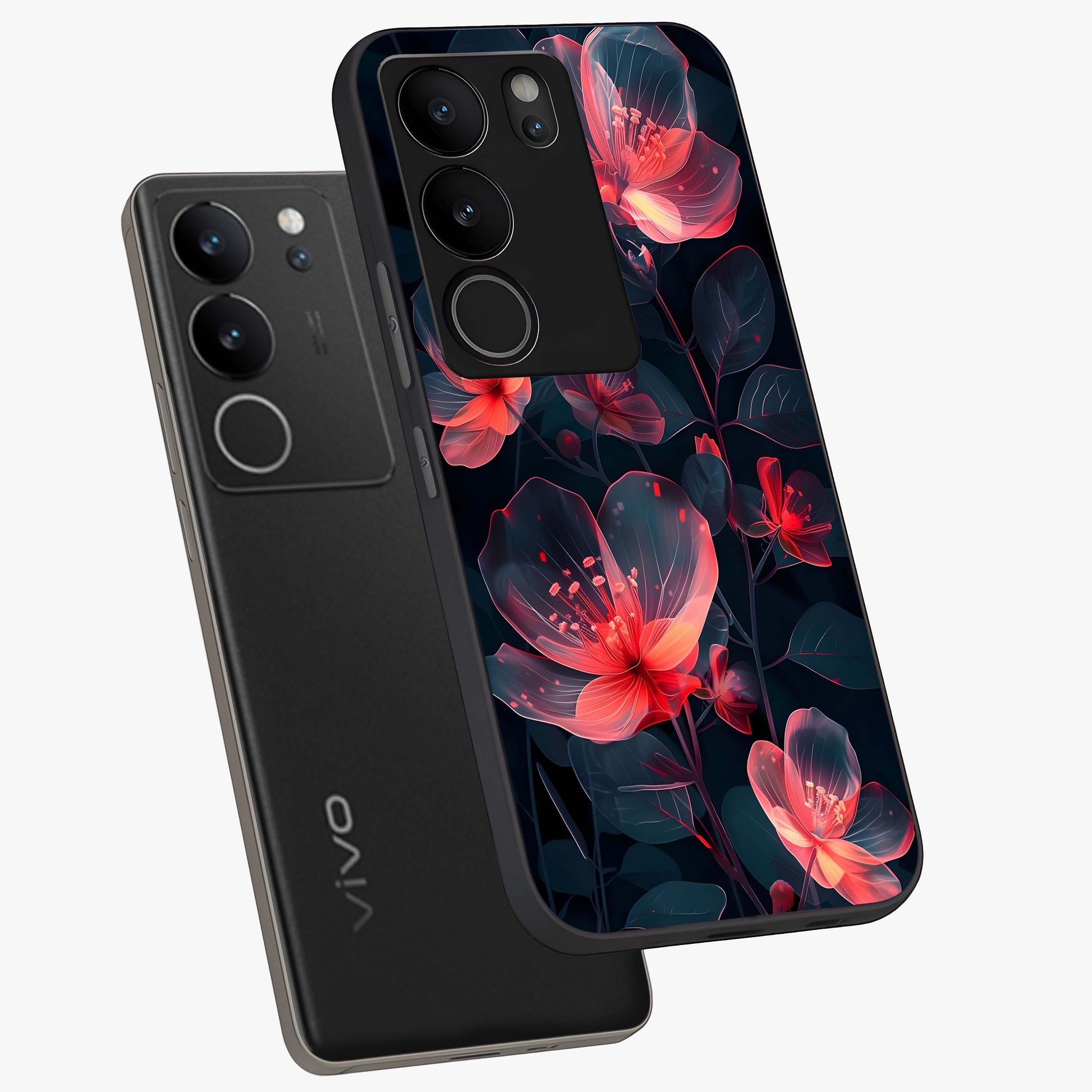 Dark Shade of Flower Glass Case displayed in angled mockup highlighting moody floral illustration with aesthetic dark tones.