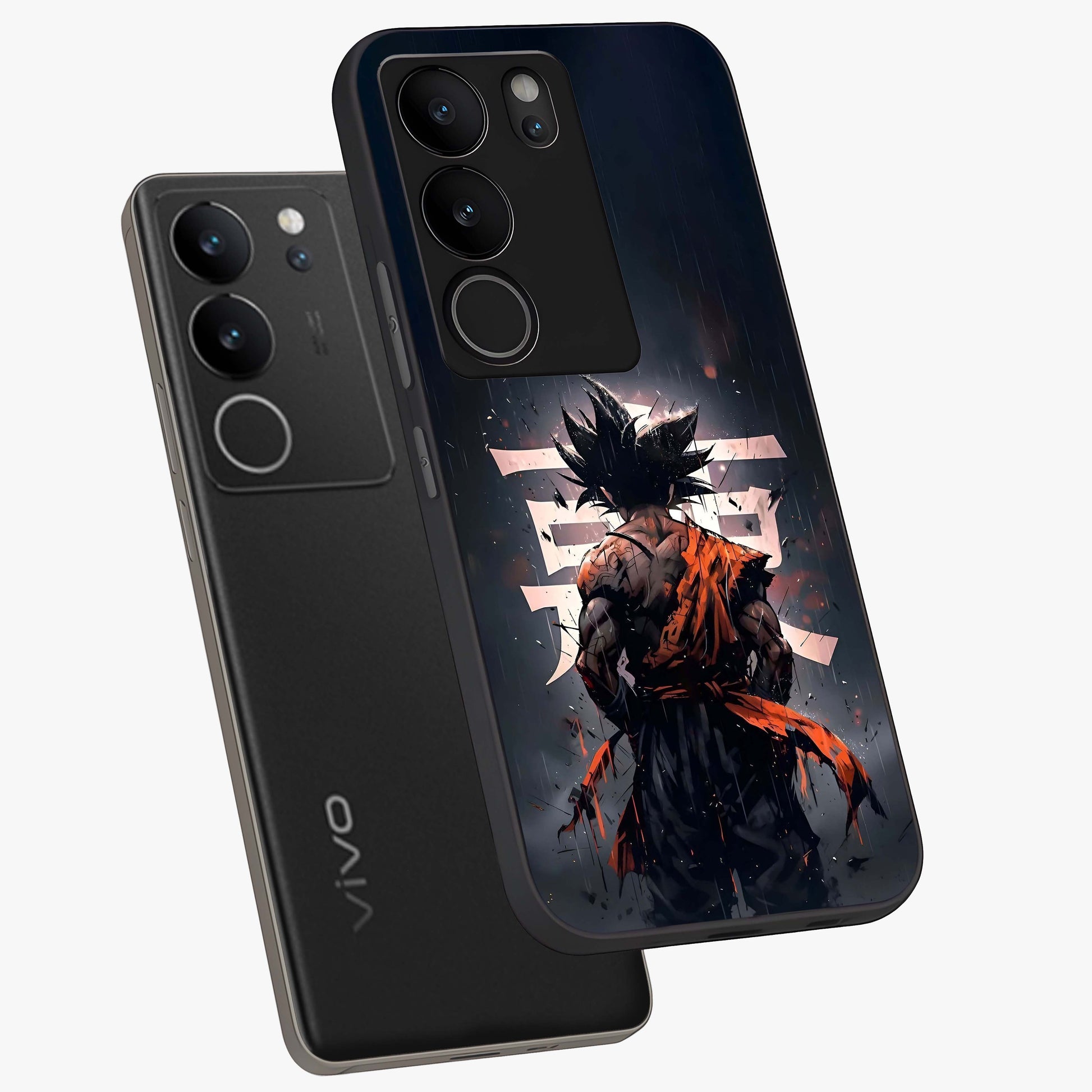 Dark Warrior In Rain Glass Case displayed in angled mockup highlighting dramatic warrior illustration with dark rain aesthetic.