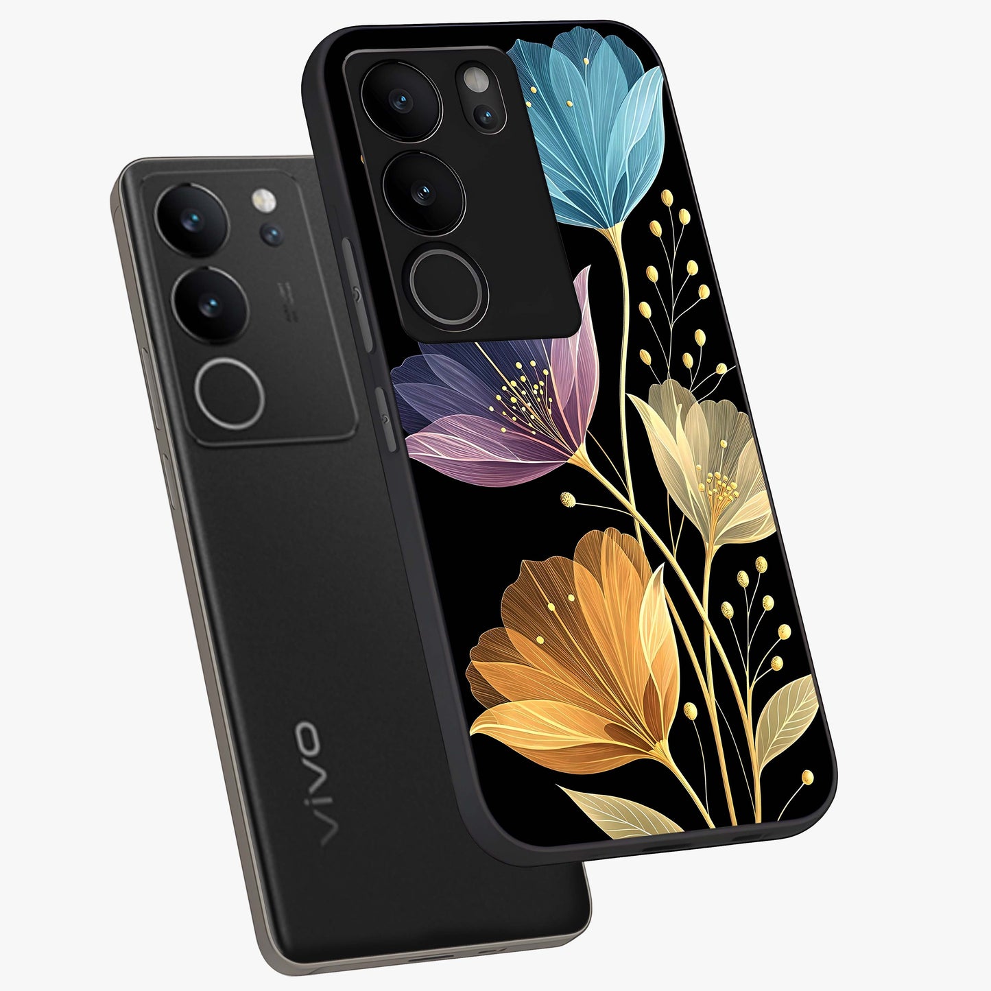 Delicate Multicolor Flowers Glass Case displayed in angled mockup highlighting colorful flower pattern with soft aesthetic style.