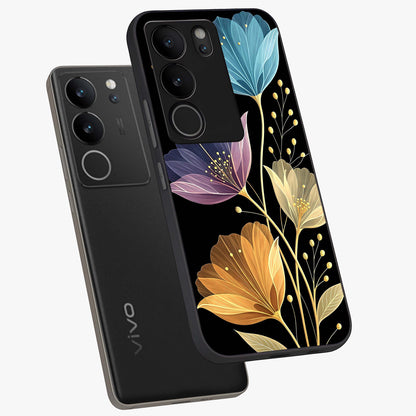 Delicate Multicolor Flowers Glass Case displayed in angled mockup highlighting colorful flower pattern with soft aesthetic style.