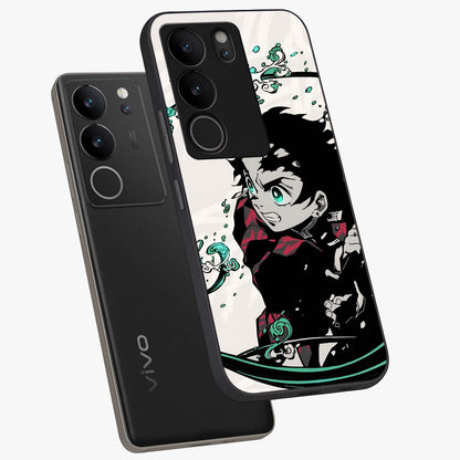 Demon Slayer Glass Case displayed in angled mockup highlighting dramatic anime character design with action aesthetic.