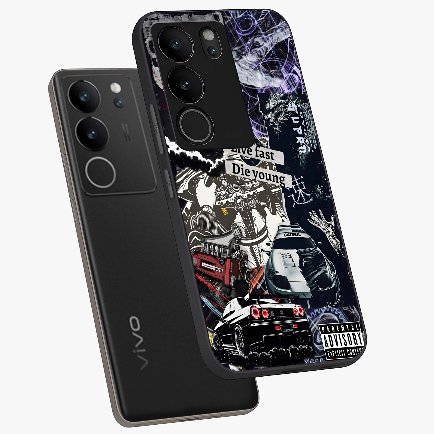 Die Young Glass Case displayed in angled mockup highlighting expressive graphic artwork with edgy aesthetic style.