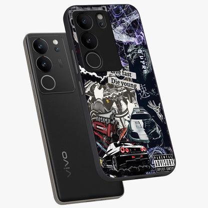 Die Young Glass Case displayed in angled mockup highlighting expressive graphic artwork with edgy aesthetic style.