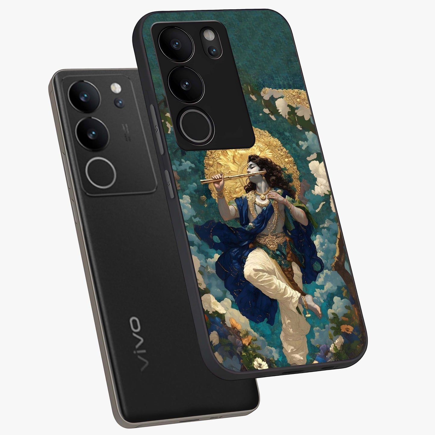 Divine Krishna Art Glass Case displayed in angled mockup highlighting spiritual Krishna illustration with devotional aesthetic.