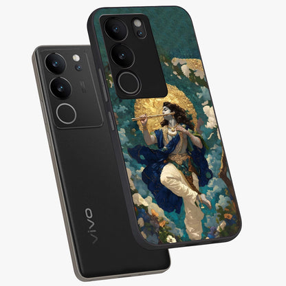 Divine Krishna Art Glass Case displayed in angled mockup highlighting spiritual Krishna illustration with devotional aesthetic.