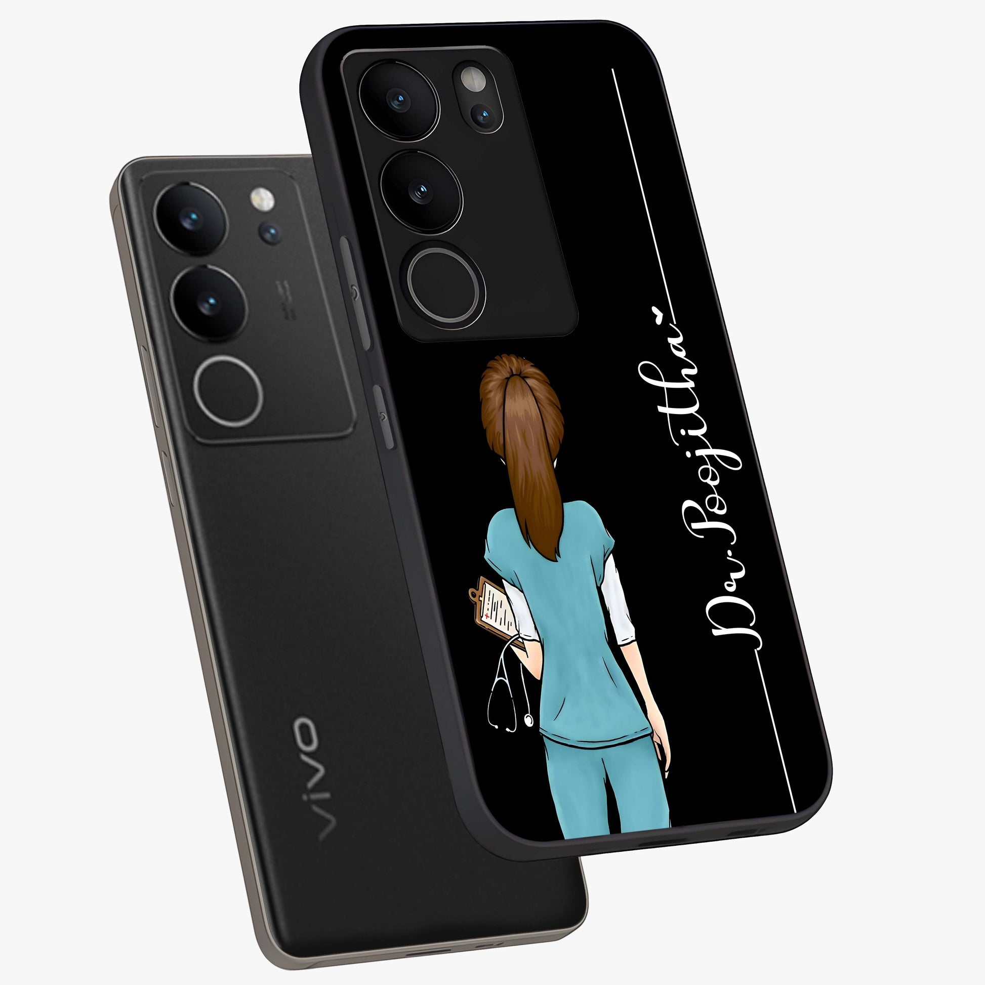 Doctor Pattern Custom Name Glass Case displayed in angled mockup highlighting doctor inspired artwork with custom name feature.