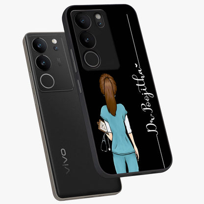 Doctor Pattern Custom Name Glass Case displayed in angled mockup highlighting doctor inspired artwork with custom name feature.