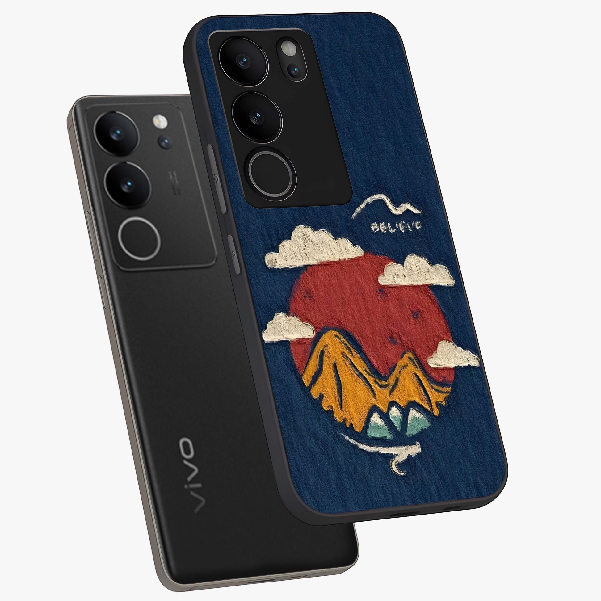 Dream Beyond Mountains Glass Case displayed in angled mockup highlighting dreamy mountain illustration with peaceful aesthetic.