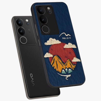 Dream Beyond Mountains Glass Case displayed in angled mockup highlighting dreamy mountain illustration with peaceful aesthetic.