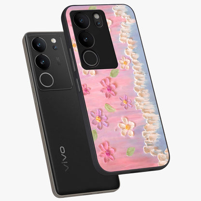 Dreamy Painted Garden Glass Case displayed in angled mockup highlighting colorful garden illustration with dreamy aesthetic style.
