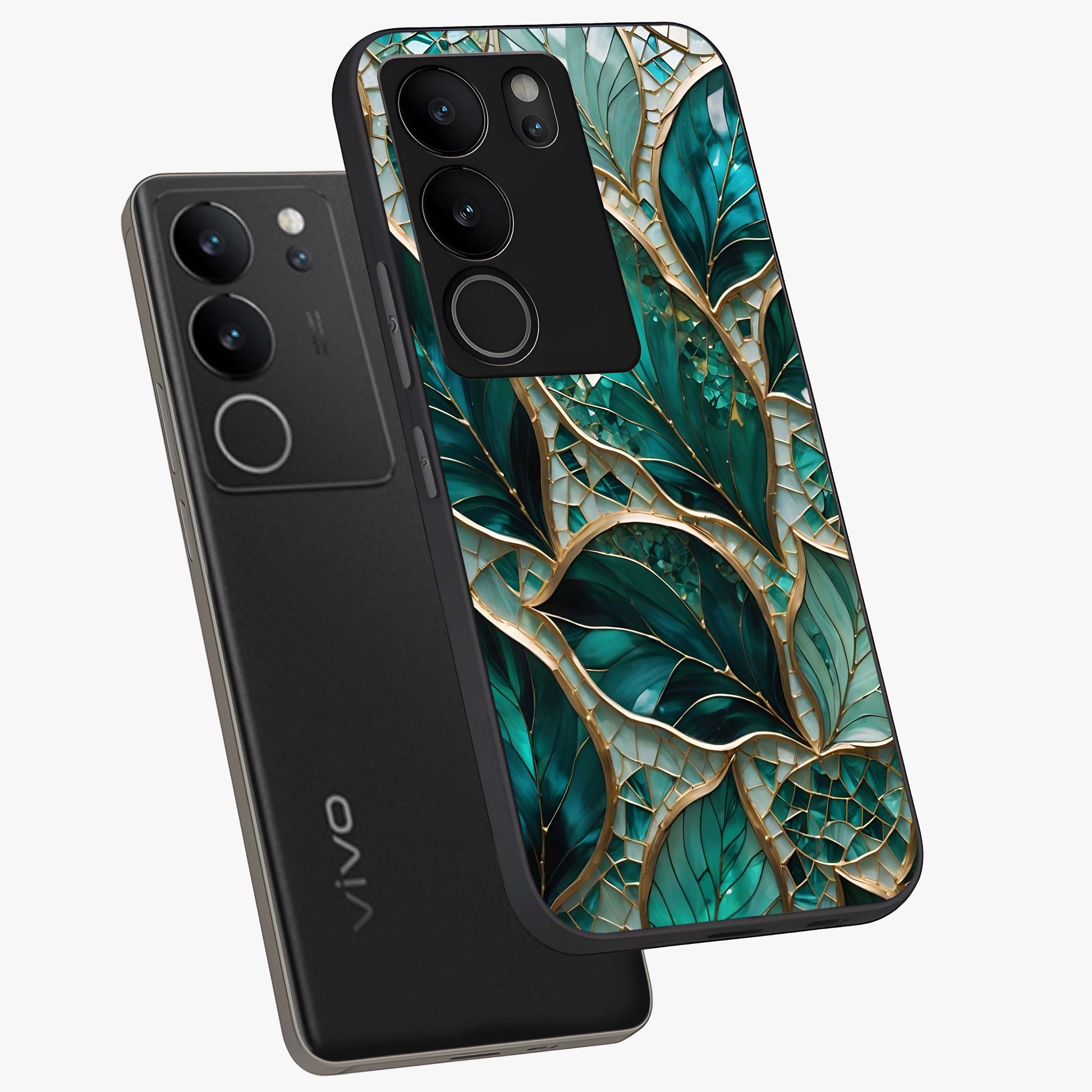 Emerald Leaf Glass Glass Case displayed in angled mockup highlighting botanical leaf illustration with elegant natural aesthetic.