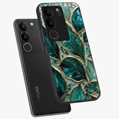 Emerald Leaf Glass Glass Case displayed in angled mockup highlighting botanical leaf illustration with elegant natural aesthetic.