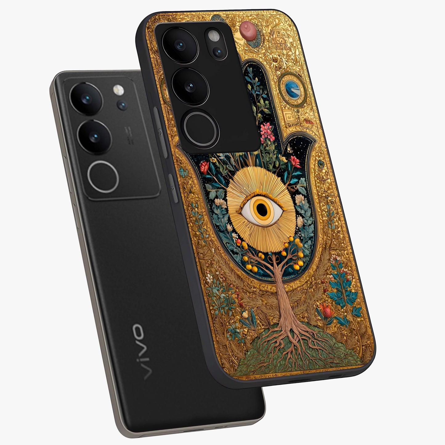 Ethereal Evil Eye Glass Case displayed in angled mockup highlighting protective evil eye symbol with spiritual aesthetic design.