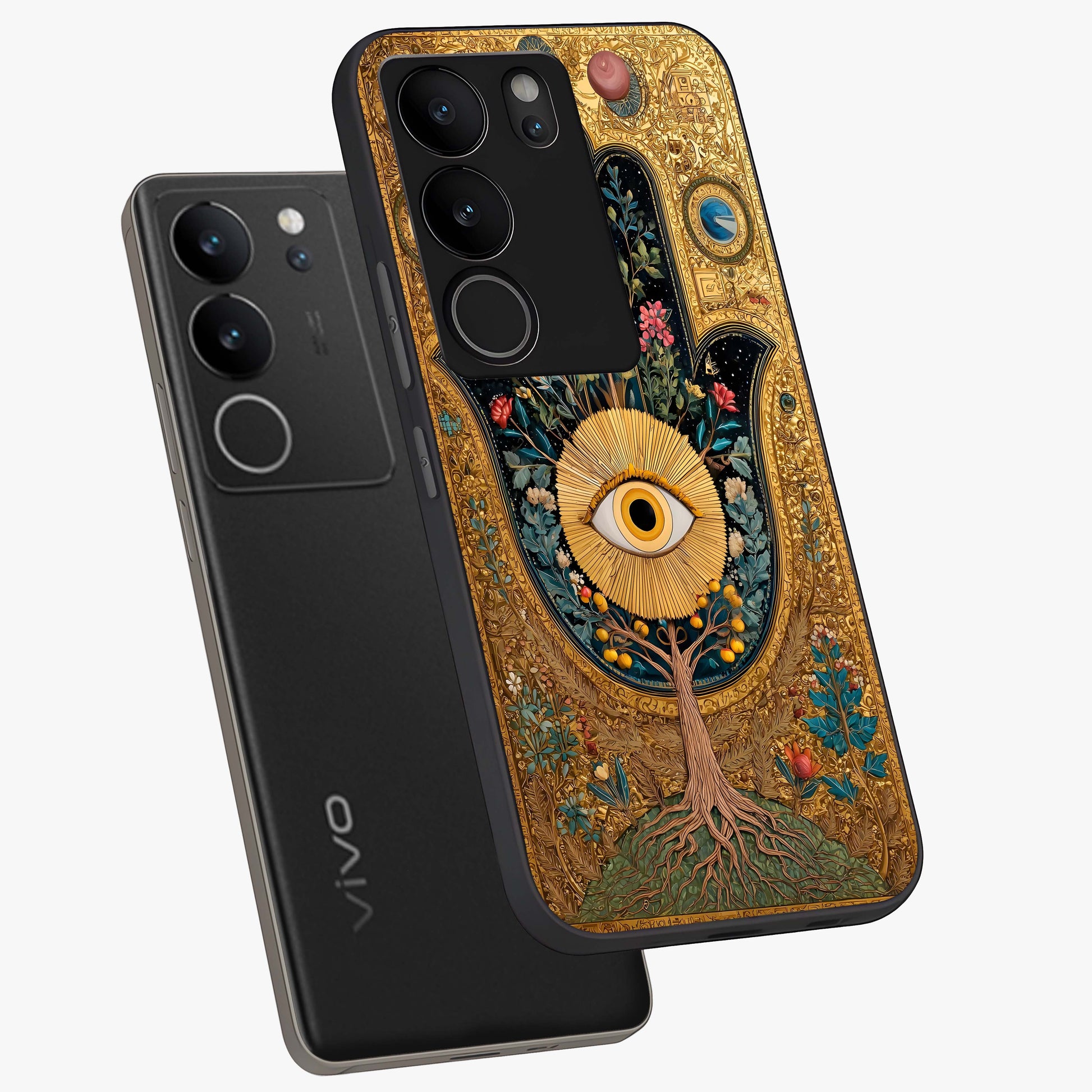 Ethereal Evil Eye Glass Case displayed in angled mockup highlighting protective evil eye symbol with spiritual aesthetic design.