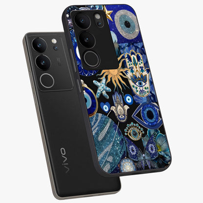 Evil Eye Charm Mix Glass Case displayed in angled mockup highlighting protective evil eye symbols with spiritual aesthetic design.