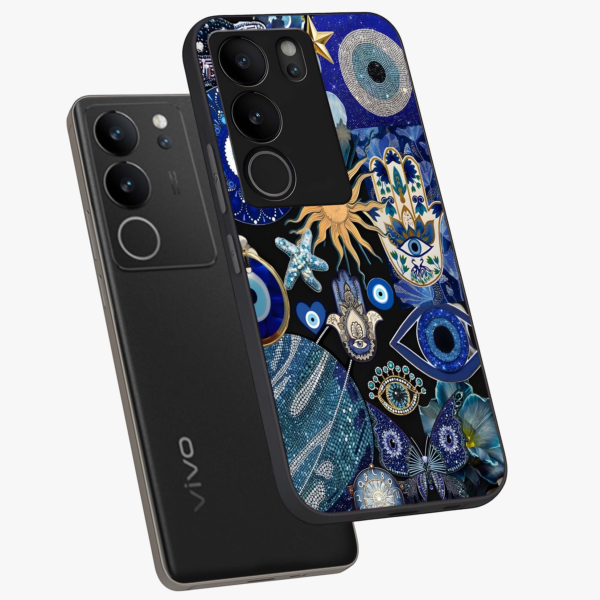 Evil Eye Charm Mix Glass Case displayed in angled mockup highlighting protective evil eye symbols with spiritual aesthetic design.