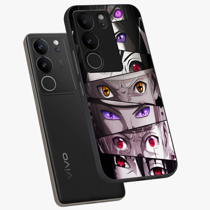 Eyes of Destiny Glass Case displayed in angled mockup highlighting bold eye illustration with mystical aesthetic style.