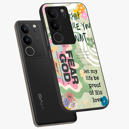 Faith Over Fear Glass Case displayed in angled mockup highlighting inspirational message design with modern aesthetic style.