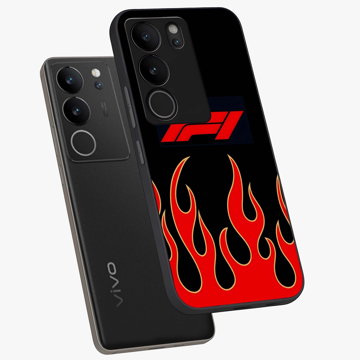 Fire F11 Glass Case displayed in angled mockup highlighting bold fire inspired graphic with energetic aesthetic style.