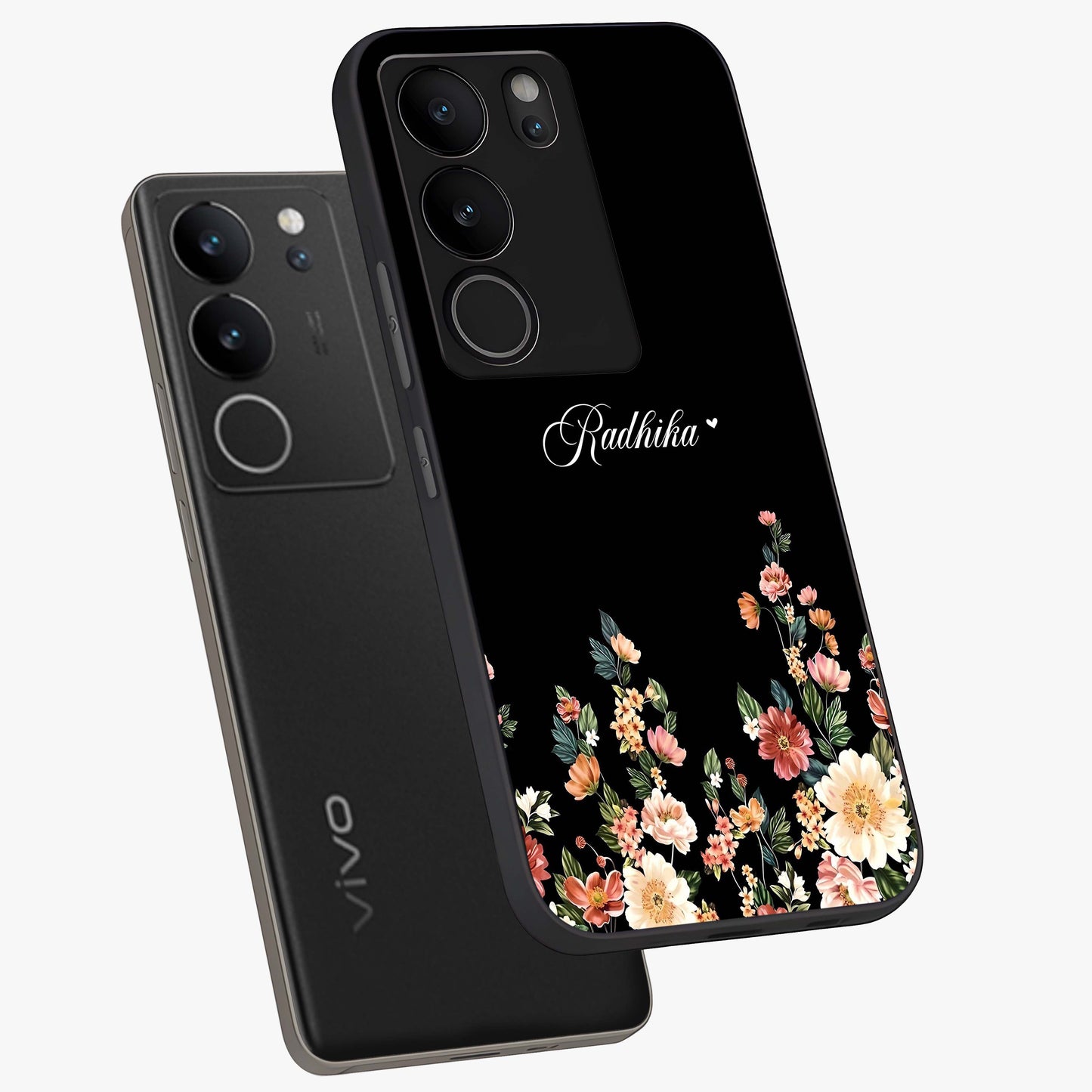 Floral Design With a Custom Personalized Name Glass Case displayed in angled mockup highlighting elegant floral pattern with custom name feature.