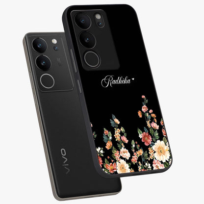 Floral Design With a Custom Personalized Name Glass Case displayed in angled mockup highlighting elegant floral pattern with custom name feature.
