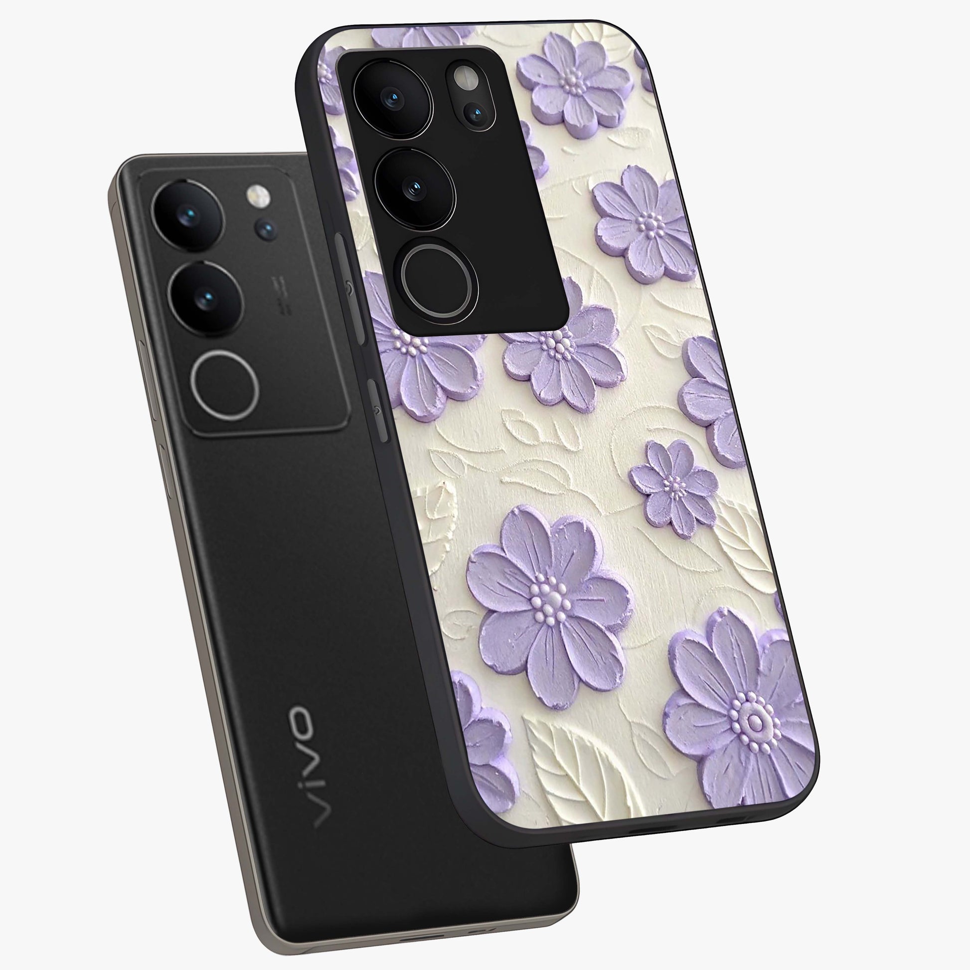 Floral Wall Art With Purple Flowers Glass Case displayed in angled mockup highlighting vibrant purple floral illustration with artistic aesthetic.