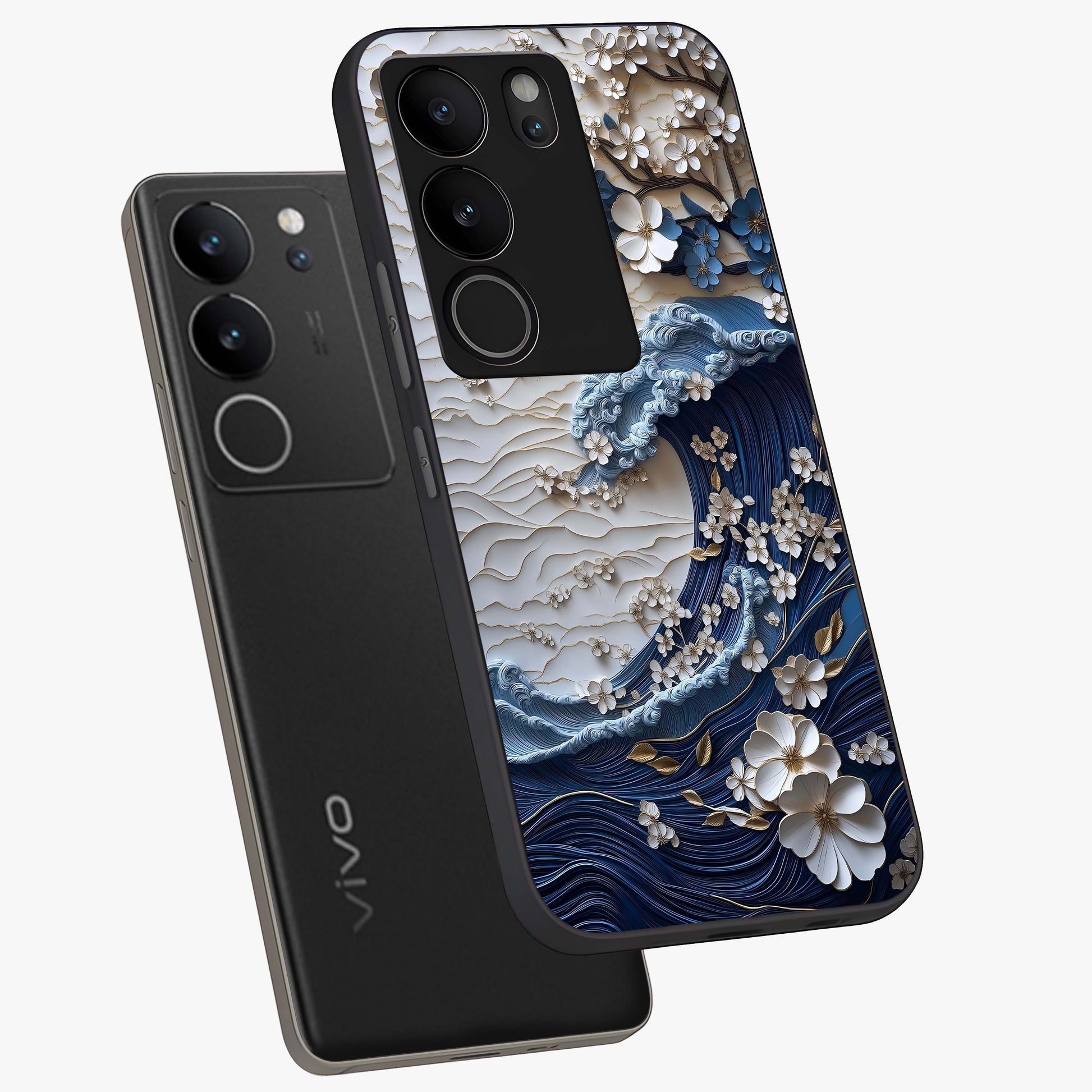 Floral Wave Origami Glass Case displayed in angled mockup highlighting geometric origami flower design with modern aesthetic style.