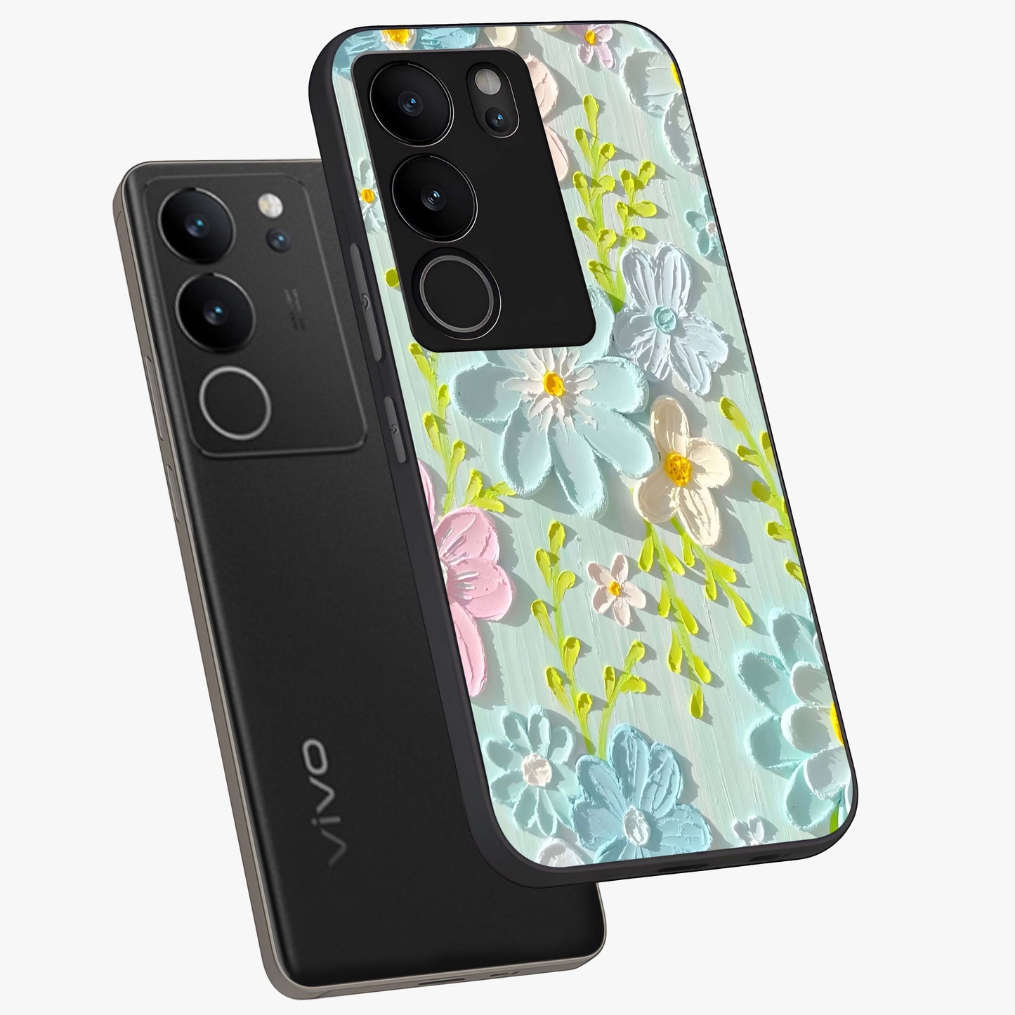 Frosted Petal Garden Glass Case displayed in angled mockup highlighting delicate flower petal design with calm garden aesthetic.