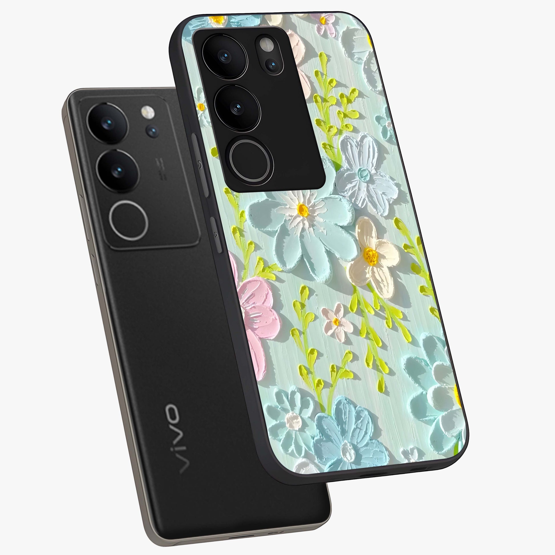 Frosted Petal Garden Glass Case displayed in angled mockup highlighting delicate flower petal design with calm garden aesthetic.