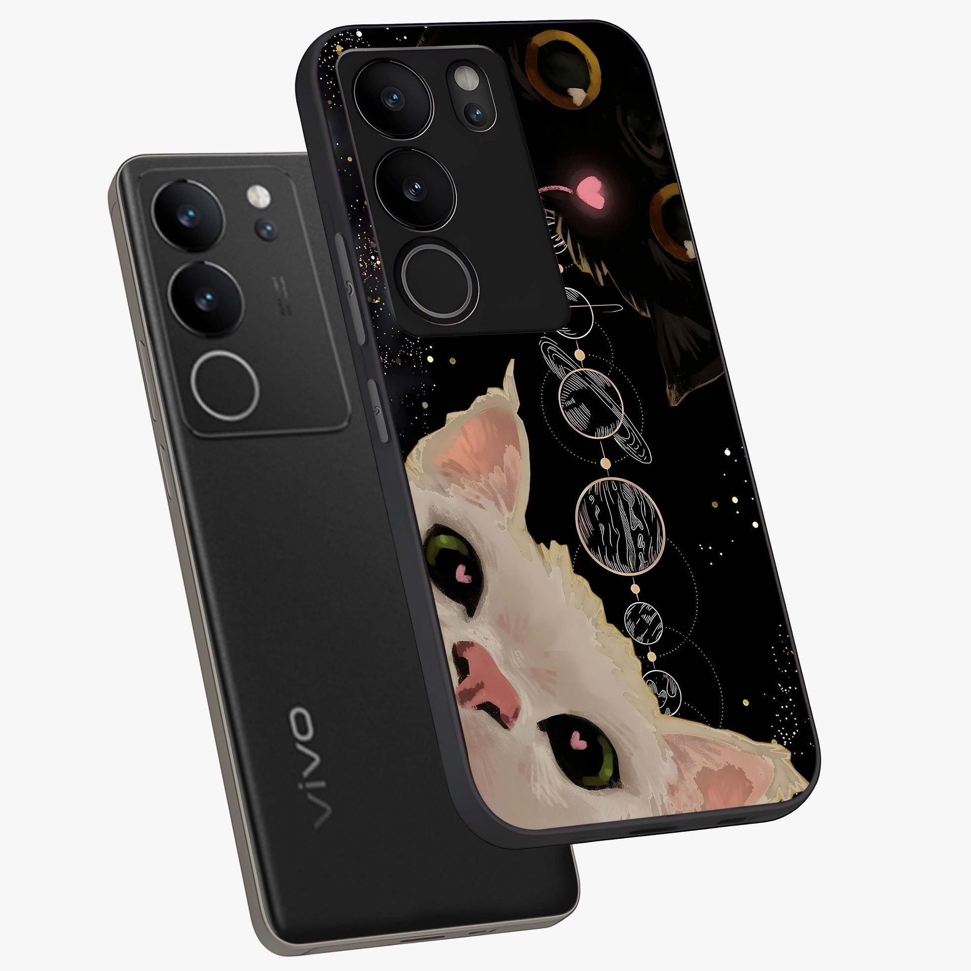 Galactic Cat Glass Case displayed in angled mockup highlighting celestial feline illustration with galaxy aesthetic style.